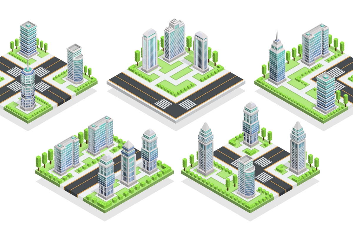 El dibujo muestra cinco opciones distintas de diseño de una manzana de una ciudad, con diferente disposición de las calles, los espacios verdes y los edificios.